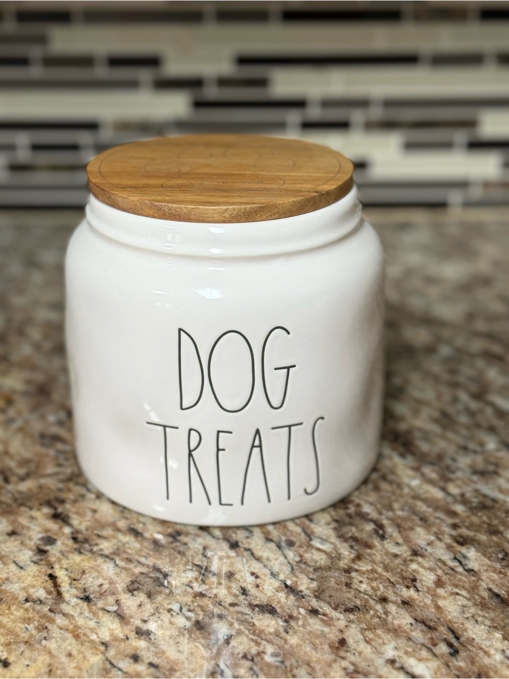 Rae Dunn White Ceramic Dog Treats Canister with Bamboo Lid